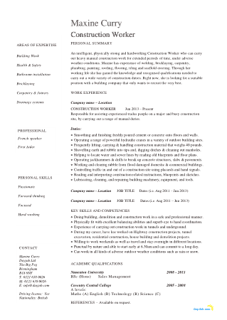 Construction Worker Skills Resume Template