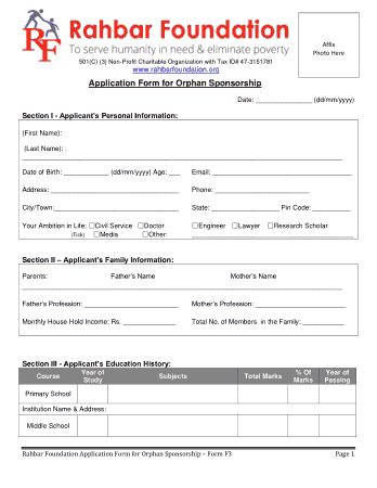 Free Download PDF Books, Application Form for Orphan Sponsorship Template