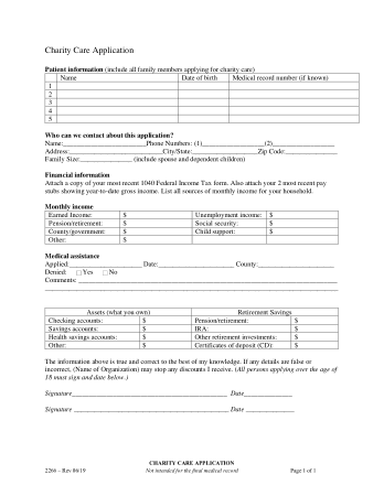 Free Download PDF Books, Charity Care Application Form in PDF Template