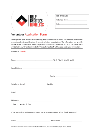 Professional Charity Shop Volunteer Application form Template