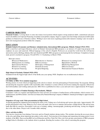 Finance Resume Objective Template