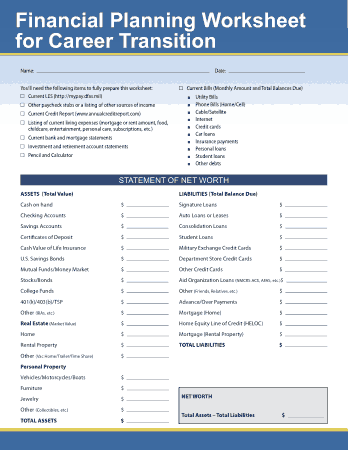 Monthly Financial Plainning Worksheet For Career Transition Template