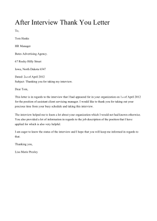 After Interview Thank You Letter Template
