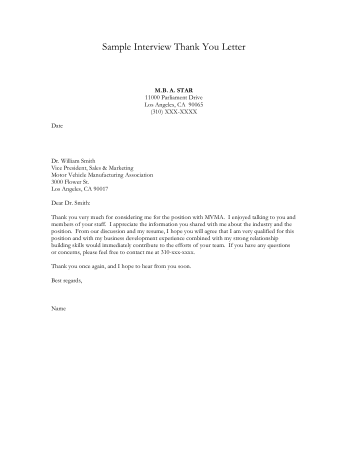 Basic Thank You Letter To Interviewer Template