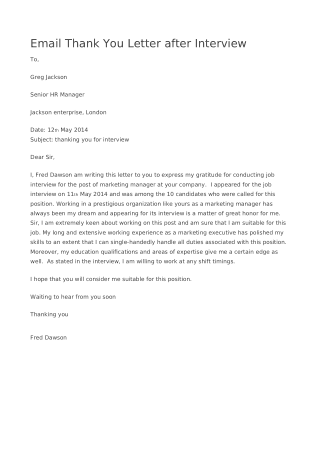 Email Thank You Letter After Interview Template