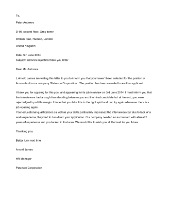 Interview Rejection Thank You Letter Free Template