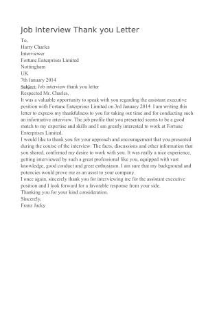 Job Interview Thank You Letter Simple Template
