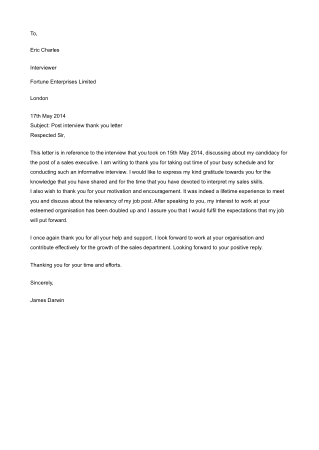 Post Job Interview Thank You Letter Example Template