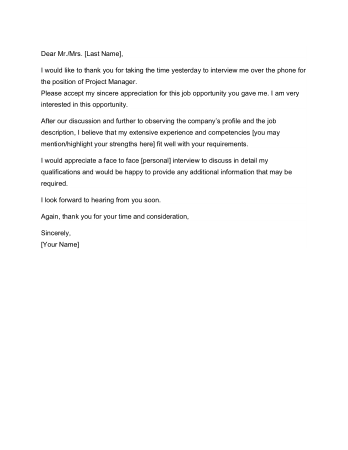 Sample Thank You Letter After Phone Interview Email Template