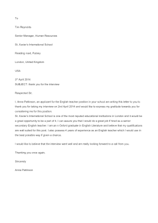 Teacher Thank You Letter For Interview Template
