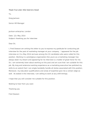 Thank You Letter After Interview Email Template