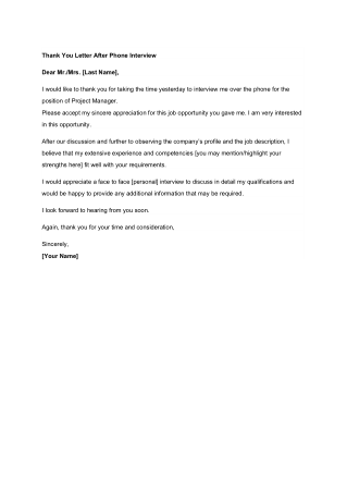 Thank You Letter After Phone Interview Free Template