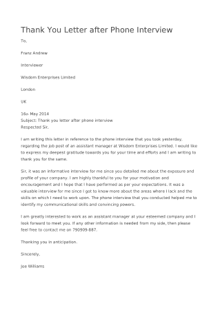 Thank You Letter After Phone Interview Template