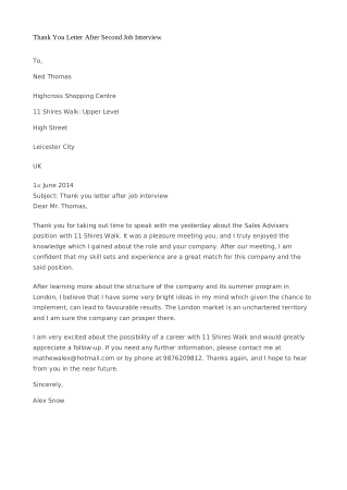 Thank You Letter After Second Job Interview Template