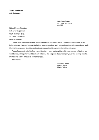 Thank You Letter For Job Interview Rejection Template