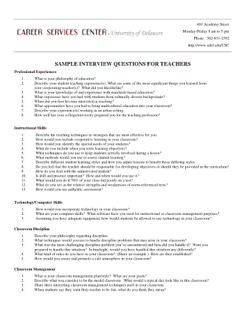 Sample Interview Questions For Teachers Template