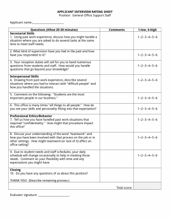 Interview Applicant Score Rating Sheet Template