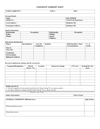 Interview Candidate Summary Sheet Template