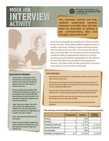 Mock Job Interview Activity Worksheet Template