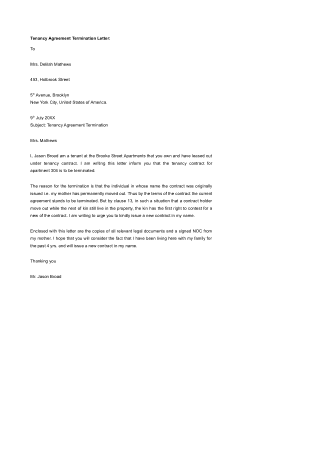 Tenancy Agreement Termination Sample Letter Template