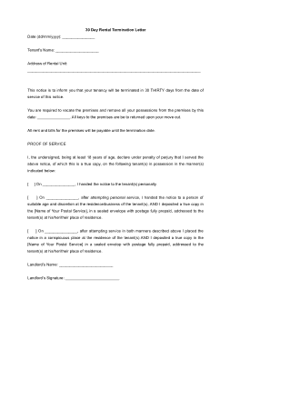 Free Download PDF Books, Editable Sample 30 Day Rental Termination Letter Template