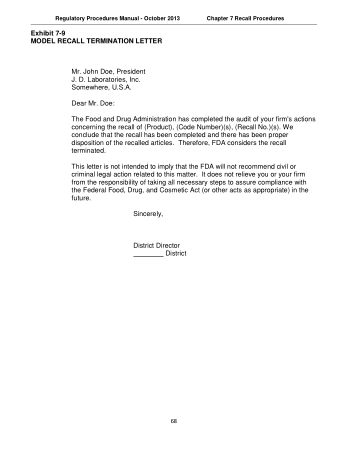 Model Recall Termination Letter Template