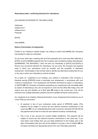 Termination Letter Confirming Dismissal for Redundancy Template