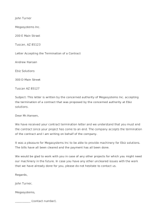 Contract Termination Acceptance Letter Template