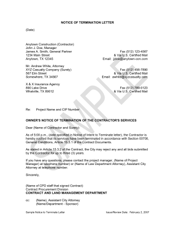 Contractor Contract Termination Letter Notice Template