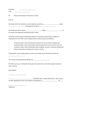 Fixed Term Contract Termination Letter Template