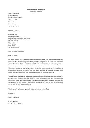 Sample Contract Termination Letter to Customer Template