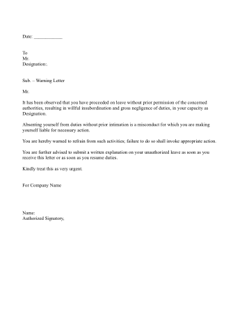 Job Termination Letter of Employee for Absence Without Information Template