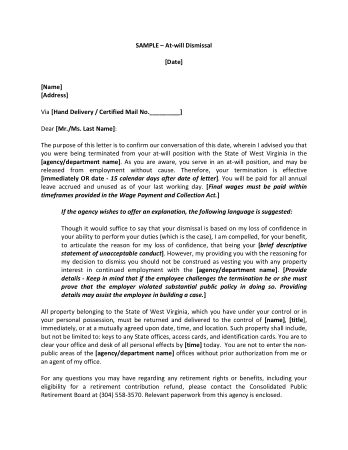 Termination Letter for At-will Employment Template
