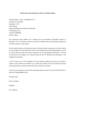 Commercial Lease Termination Sample Letter Template