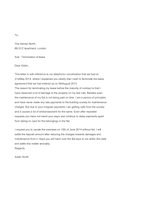 Example For Early Lease Termination Letter Template