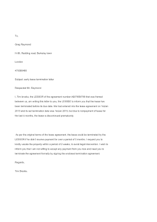 Sample Of Early Lease Termination Letter Template