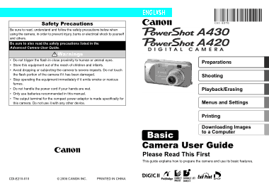 CANON Camera PowerShot A430 and A420 Basic User Guide
