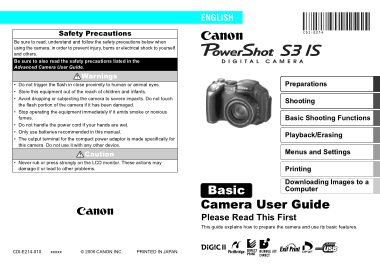 CANON Camera PowerShot S3 IS Basic User Guide