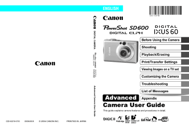 CANON Camera PowerShot SD600 IXUS60 Advance User Guide