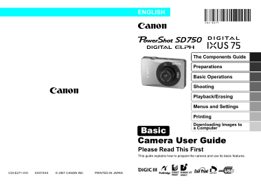 CANON Camera PowerShot SD750 IXUS75 Basic User Guide