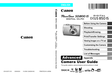 CANON Camera PowerShot SD800 IS IXUS850IS Advance User Guide