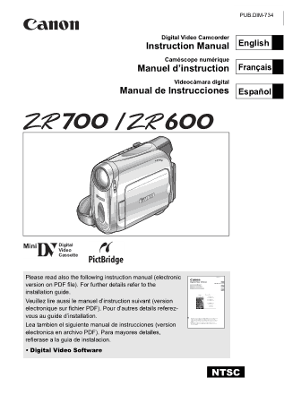 CANON HD Camcorder ZR700 600 Instruction Manual