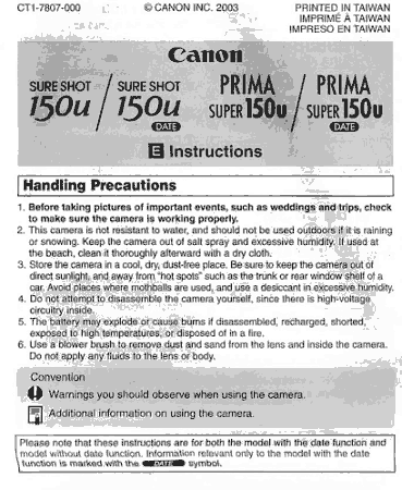 Digital Camera CANON SURE SHOT 150U Instruction Manual