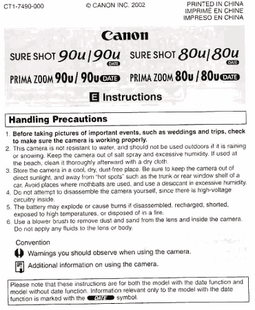 Digital Camera CANON SURE SHOT 80U 90U Instruction Manual