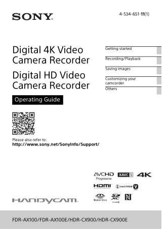 Free Download PDF Books, SONY Digital 4K Video Camera Recorder FDR-AX100 FDR-AX100E HDR-CX900 HDR-CX900E Operation Manual