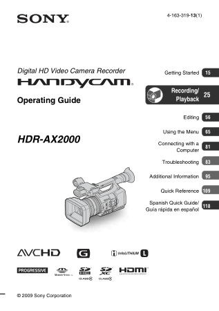 SONY Digital HD Video Camera Recorder HDR-AX2000 Operating Guide
