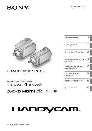 SONY Digital HD Video Camera Recorder HDR-CX110 HandBook