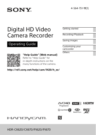SONY Digital HD Video Camera Recorder HDR-CX620 CX670 PJ620 PJ670 Operating Guide