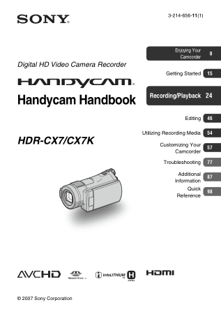 SONY Digital HD Video Camera Recorder HDR-CX7 HandBook