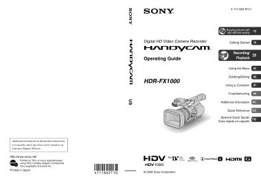 SONY Digital HD Video Camera Recorder HDR-FX1000 Operating Instructions